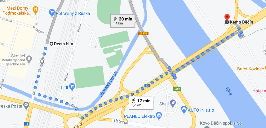 Route Bahnhof - Campingplatz Karte Decin